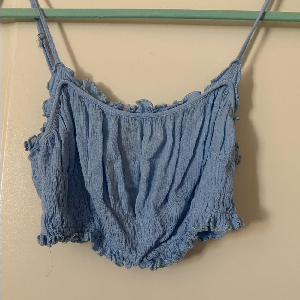 Short blue ruched crop top